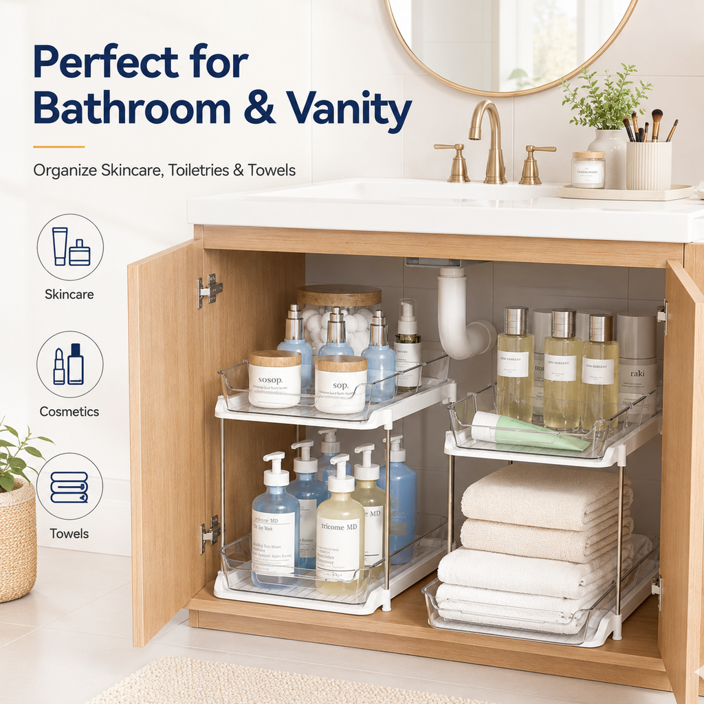 2 Sets of 2-Tier Under-Sink Organizers, Stackable Bathroom Cabinet Organizers with Adjustable Dividers, Sink Storage Organizers for Kitchen Pantries, Vanities, and Countertops