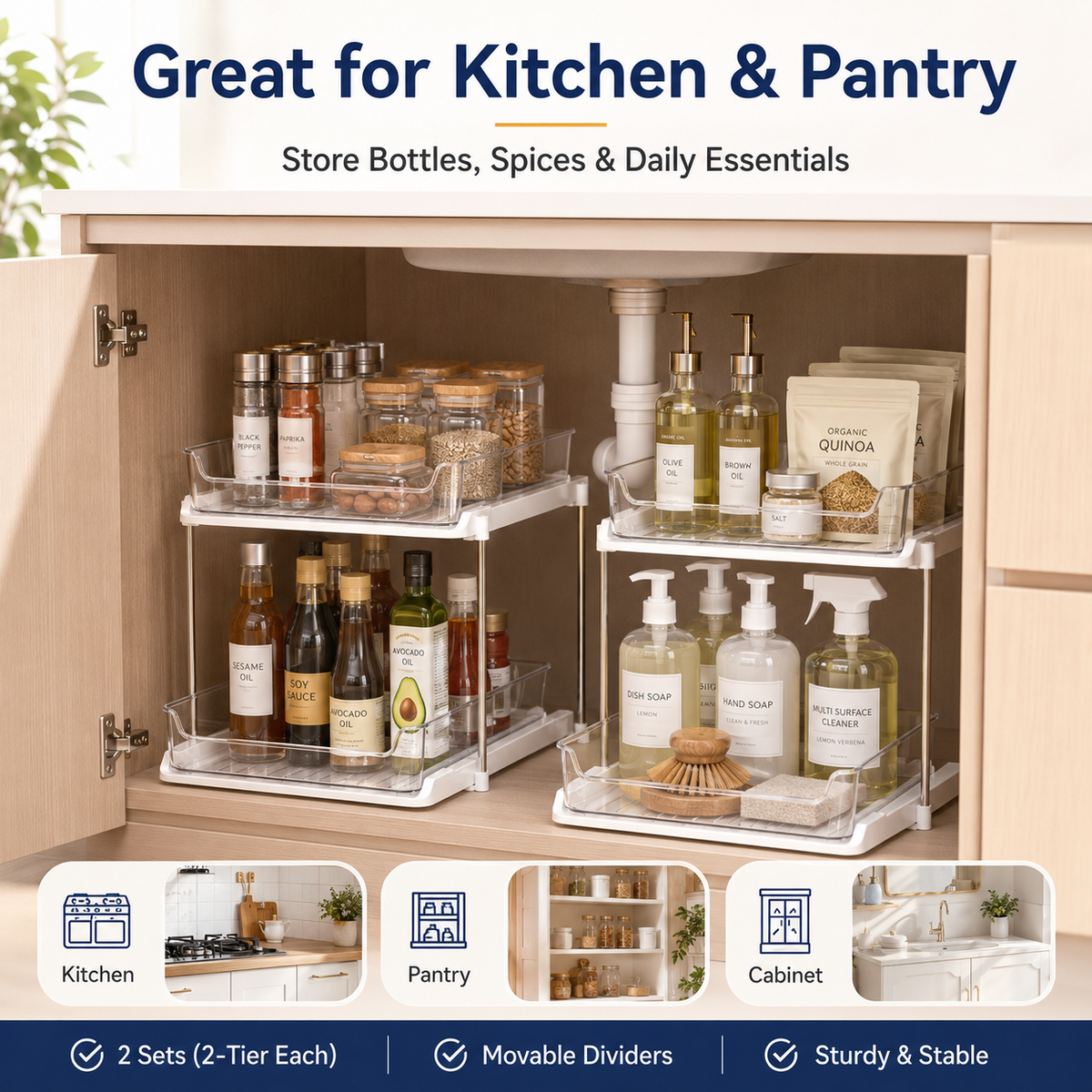 2 Sets of 2-Tier Under-Sink Organizers, Stackable Bathroom Cabinet Organizers with Adjustable Dividers, Sink Storage Organizers for Kitchen Pantries, Vanities, and Countertops