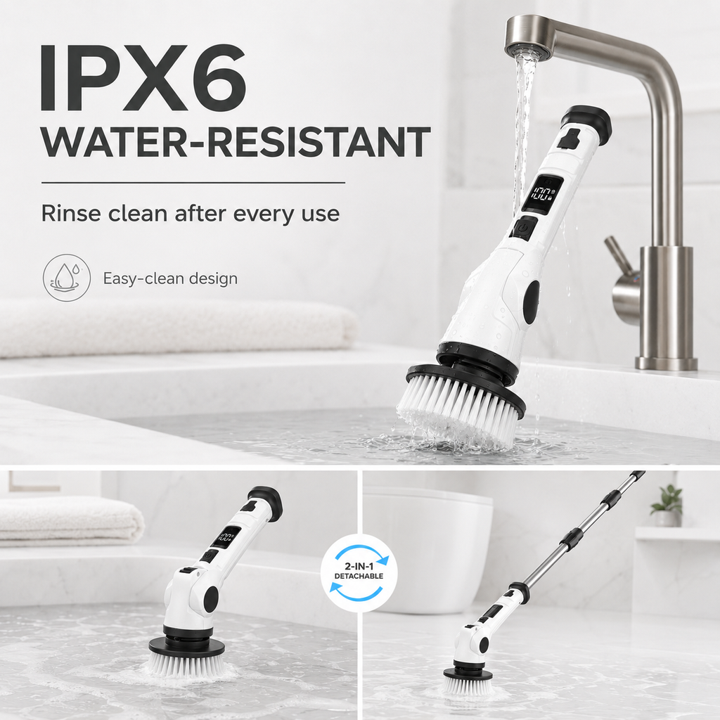 HAWQP Electric Spin Scrubber, Cordless Shower Cleaning Brush with 8 Heads, 3 Speeds, Adjustable Extension Handle for Bathroom, Tub, Tile & Floor