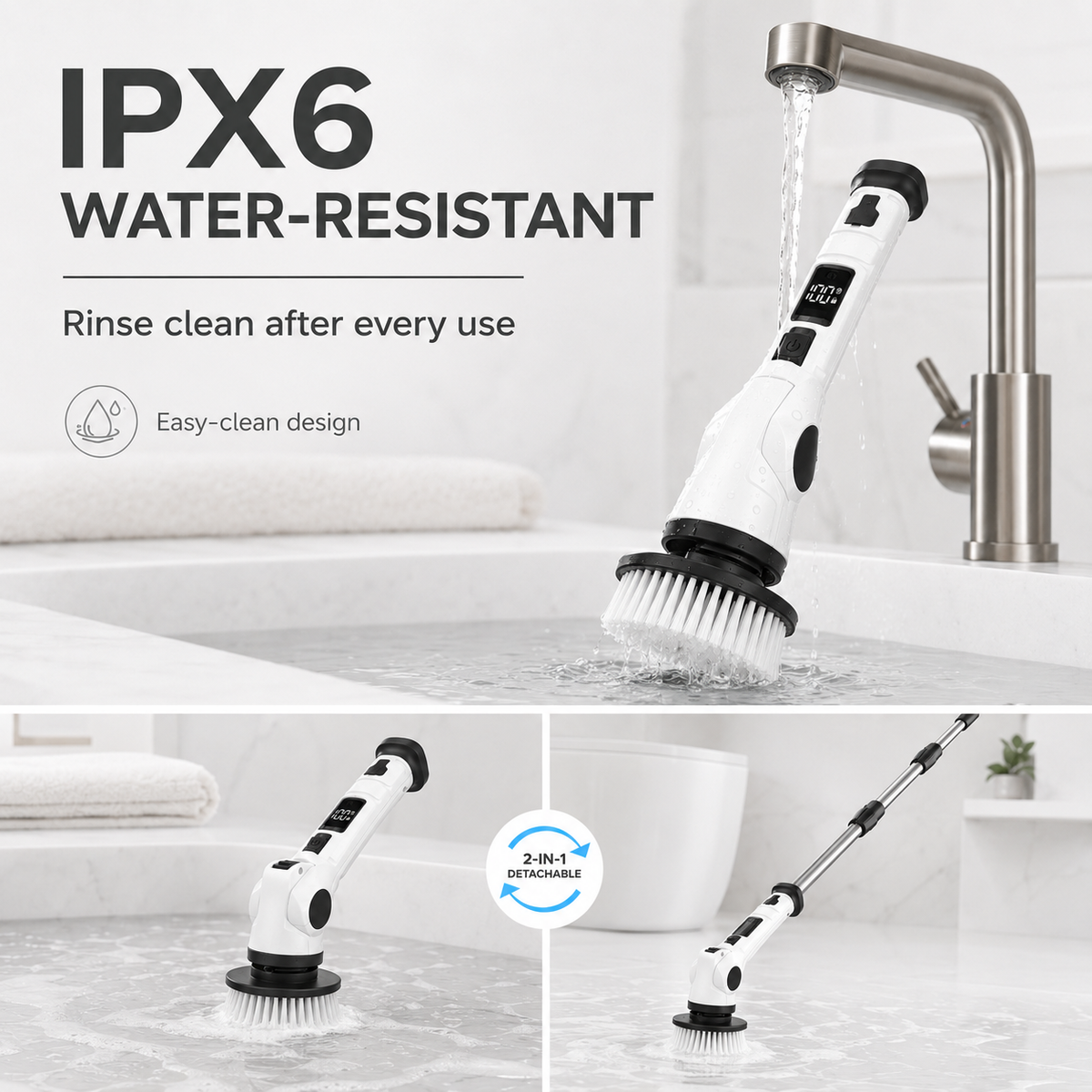 HAWQP Electric Spin Scrubber, Cordless Shower Cleaning Brush with 8 Heads, 3 Speeds, Adjustable Extension Handle for Bathroom, Tub, Tile & Floor