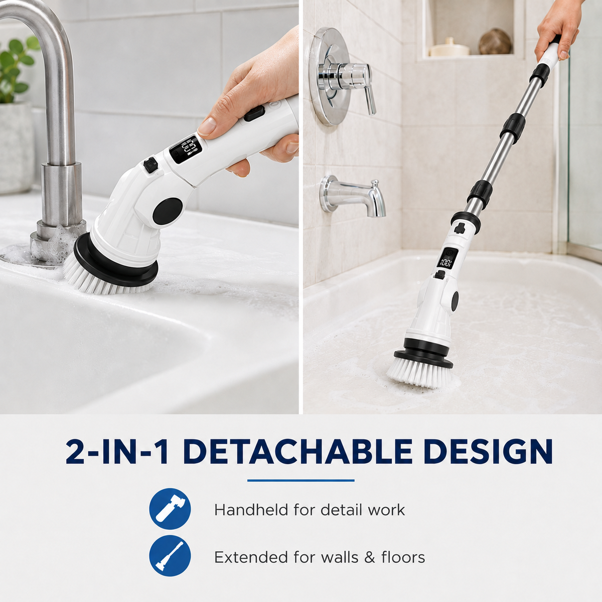 HAWQP Electric Spin Scrubber, Cordless Shower Cleaning Brush with 8 Heads, 3 Speeds, Adjustable Extension Handle for Bathroom, Tub, Tile & Floor
