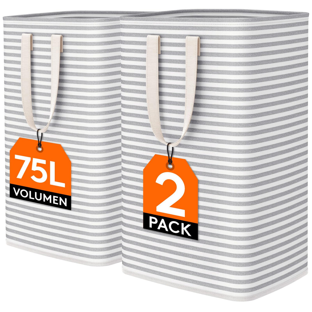 HAWQP 2 Pack Laundry Hampers Large Collapsible Laundry Baskets, Freestanding Waterproof Clothes Hamper with Easy Carry Handles in Laundry Room Bedroom Bathroom College Dorm,White 2 x 75L