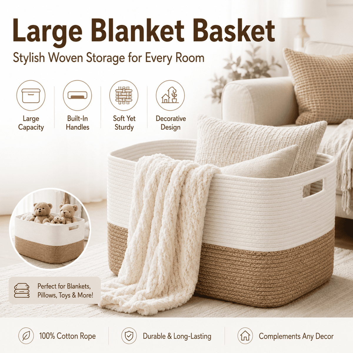 HAWQP Large Blanket Basket for Living Room, Woven Storage Basket with Handles, Decorative Laundry Basket for Blankets, Pillows, Toys, Clothes and Home Organization, White & Light Brown