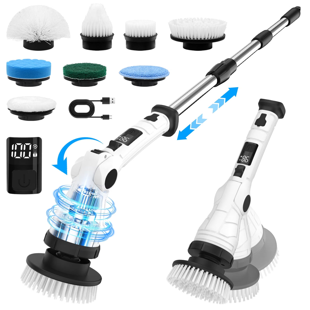 HAWQP Electric Spin Scrubber, Cordless Shower Cleaning Brush with 8 Heads, 3 Speeds, Adjustable Extension Handle for Bathroom, Tub, Tile & Floor