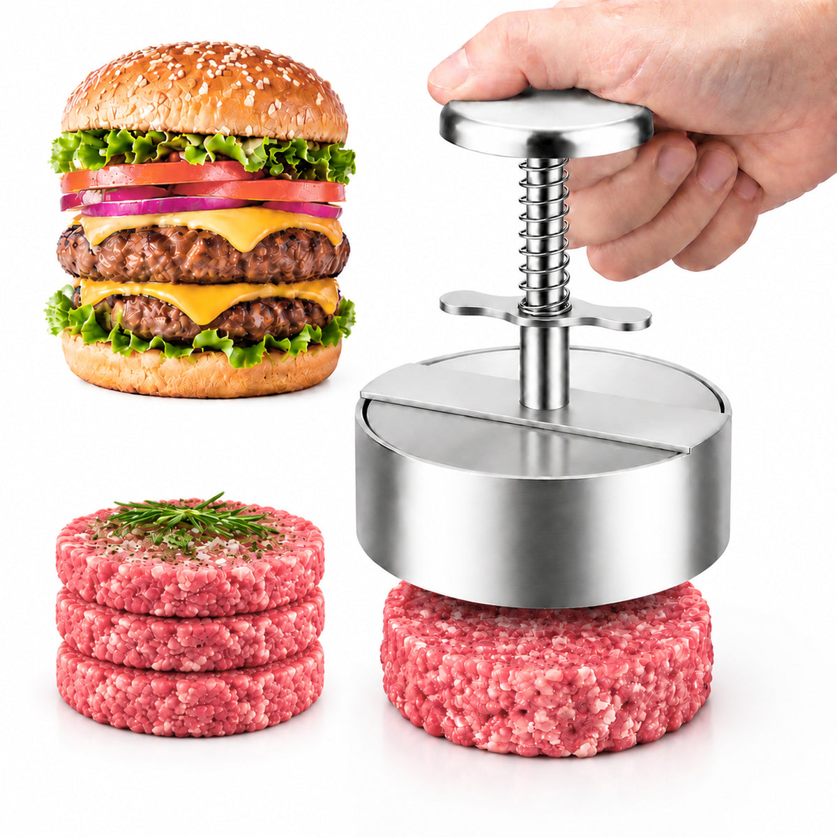 Adjustable Stainless Steel Burger Press, 4.5 Inch Hamburger Patty Maker with Spring Handle, Non-Stick Round Burger Patty Maker Mold for Beef, Turkey, BBQ, Sandwich, Kitchen & Grill Use