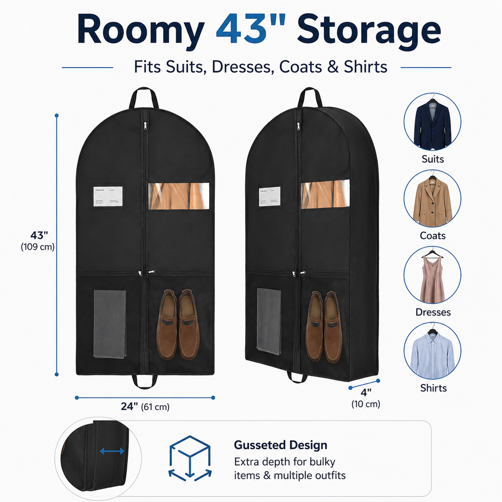 2 Pack Heavy Duty Garment Bags for Hanging Clothes, 43 Inch Gusseted Suit Bags with Handles, Clear Window and Pockets, Travel Garment Bag for Suits, Dresses, Coats, Shirts and Closet Storage, Black