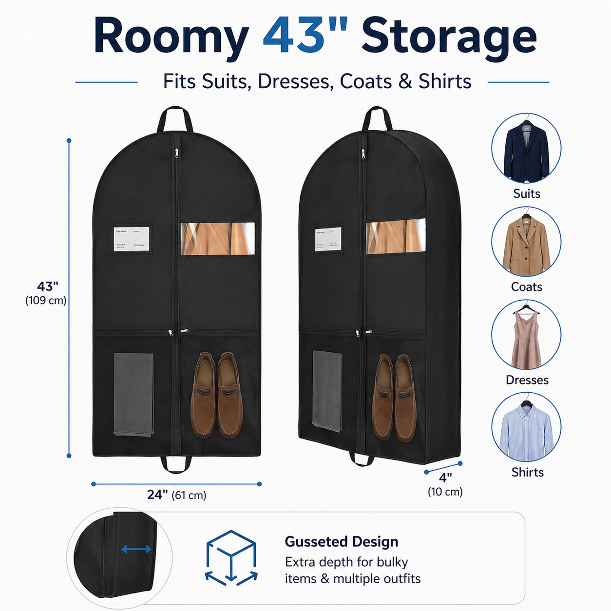 2 Pack Heavy Duty Garment Bags for Hanging Clothes, 43 Inch Gusseted Suit Bags with Handles, Clear Window and Pockets, Travel Garment Bag for Suits, Dresses, Coats, Shirts and Closet Storage, Black